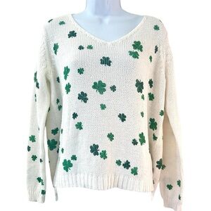Wooden Ships V-Neck Open Knit Sweater with Green Clover Shamrock Design S/M NWOT
